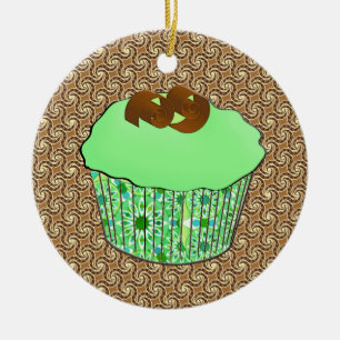 Mint Frosted Chocolate Cupcake, Fractal Background Ceramic Ornament