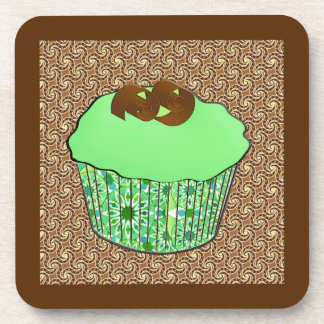 Mint Frosted Chocolate Cupcake, Fractal Background Drink Coaster