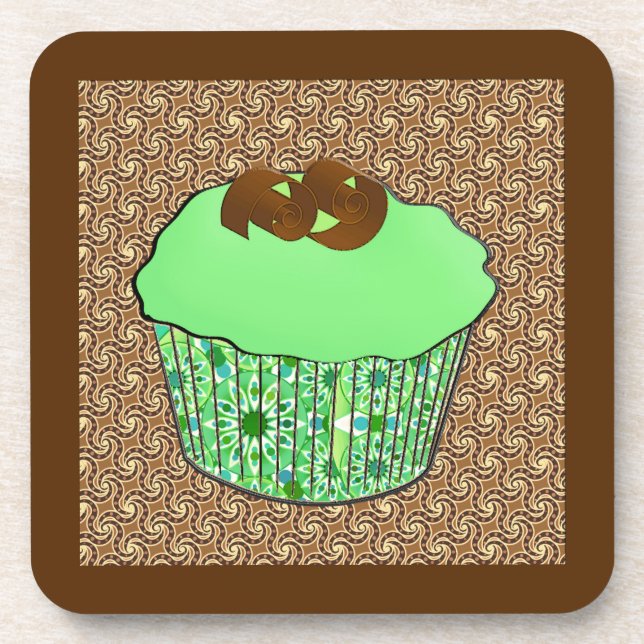 Mint Frosted Chocolate Cupcake, Fractal Background Drink Coaster (Front)