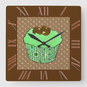 Mint Frosted Chocolate Cupcake, Fractal Background Square Wall Clock