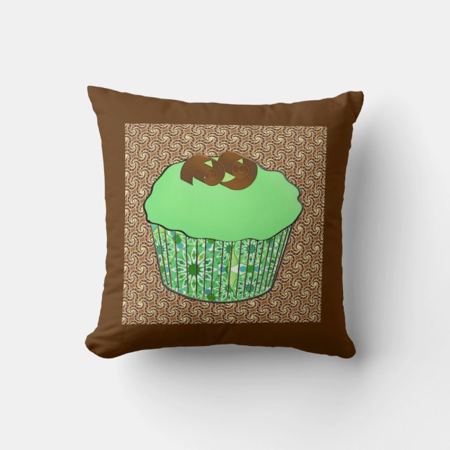 Mint Frosted Chocolate Cupcake, Fractal Background Throw Pillow (Front)