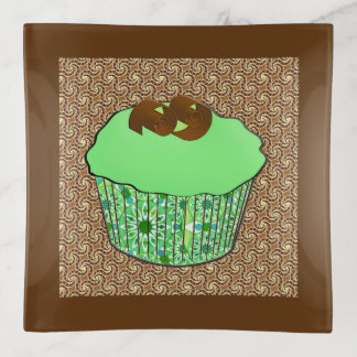 Mint Frosted Chocolate Cupcake, Fractal Background Trinket Tray