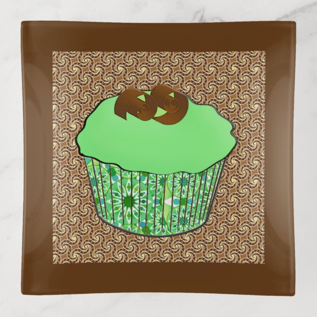 Mint Frosted Chocolate Cupcake, Fractal Background Trinket Tray (Front)