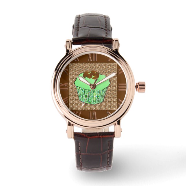 Mint Frosted Chocolate Cupcake, Fractal Background Watch (Front)