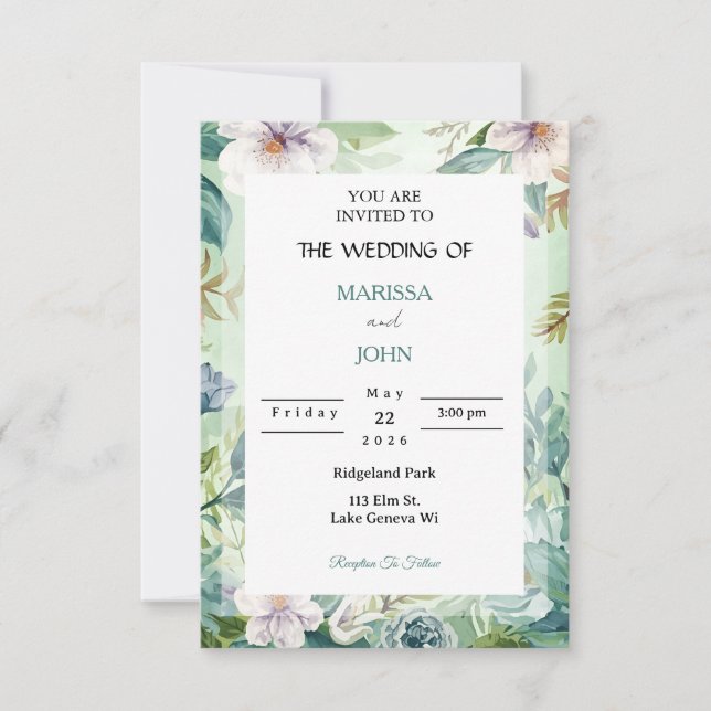 Mint Garden Elegance Wedding Invitation (Front)