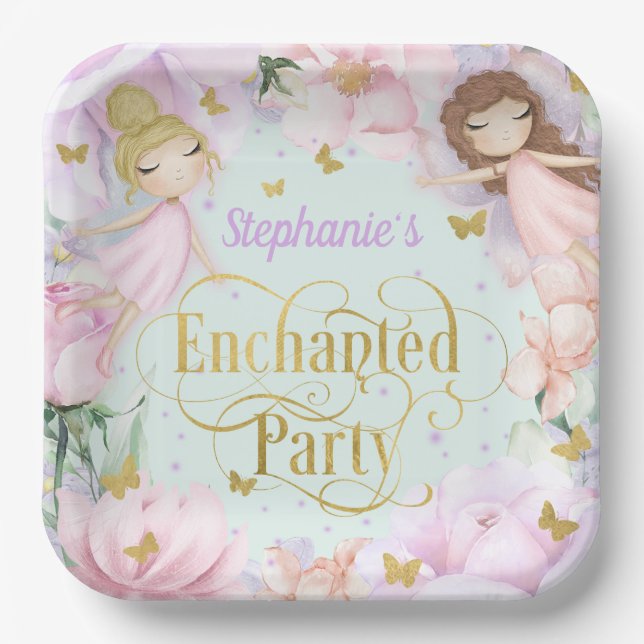 Mint, Garden fairy enchanted party birthday Paper Plates (Front)