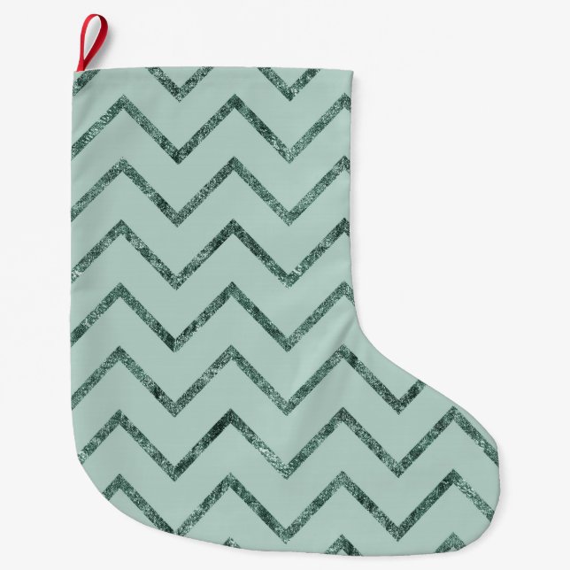 Mint Glam Chevron Zigzag Stripes Large Christmas Stocking (Front)