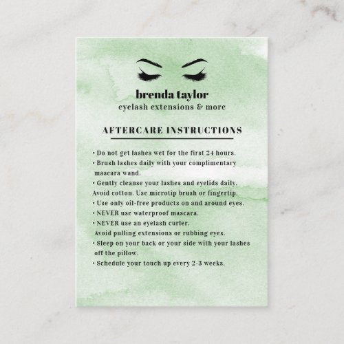 Mint Glam Eyelash Browbar Aftercare Instructions Business Card