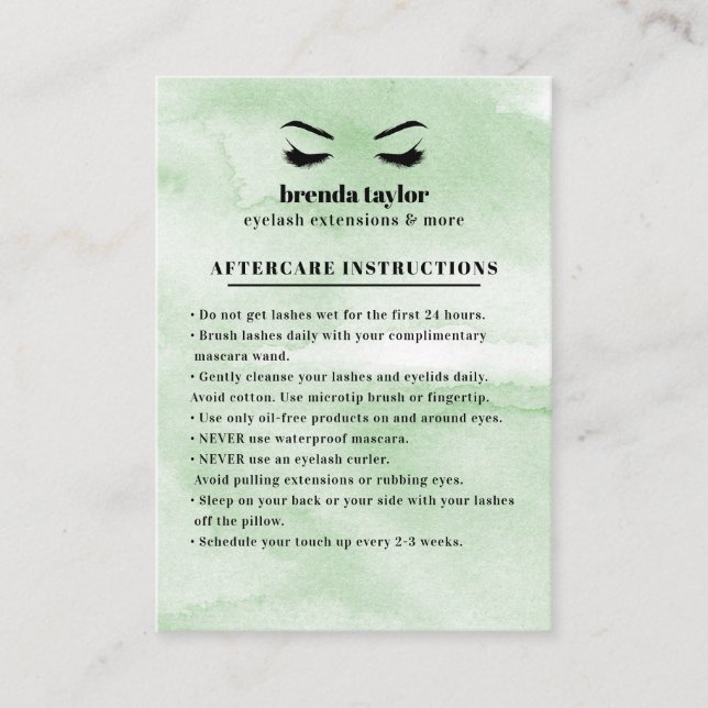 Mint Glam Eyelash Browbar Aftercare Instructions Business Card (Front)