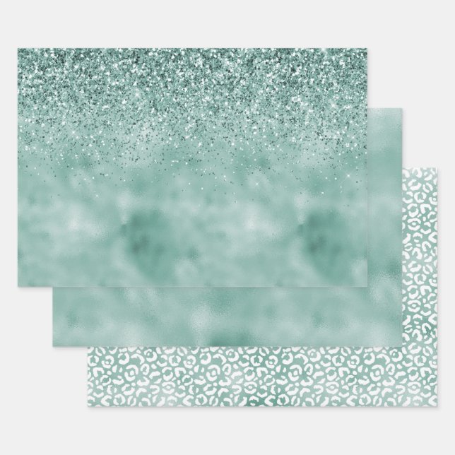 Mint Glam Glitter Glitz Wrapping Paper Sheets (Set)