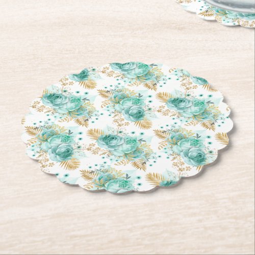 Mint Glam Gold Floral Wedding Paper Coaster