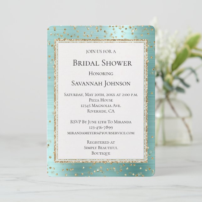 Mint Glam Gold Sparkle Confetti Bridal Shower Invitation (Standing Front)