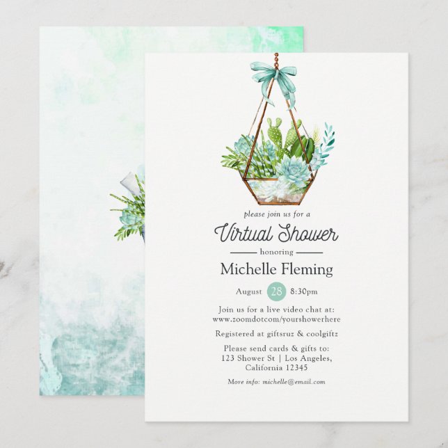 Mint Glass Terrarium Virtual Baby or Bridal Shower Invitation (Front/Back)