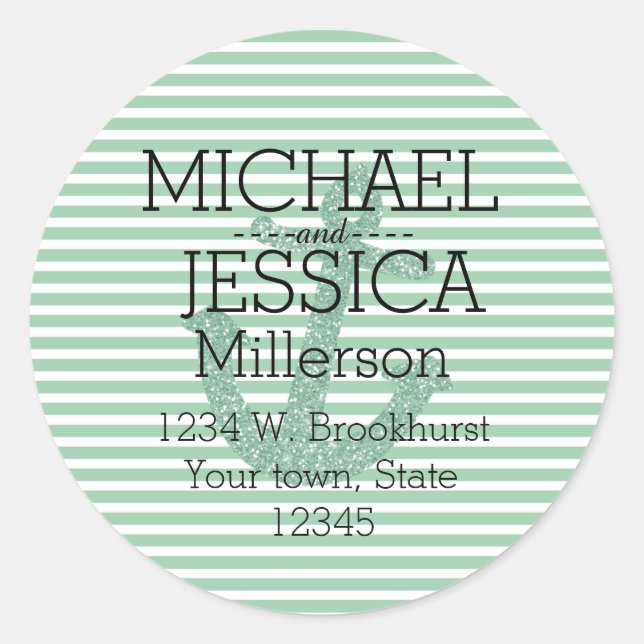 Mint Glitter Anchor Stripes Personalized address Classic Round Sticker (Front)