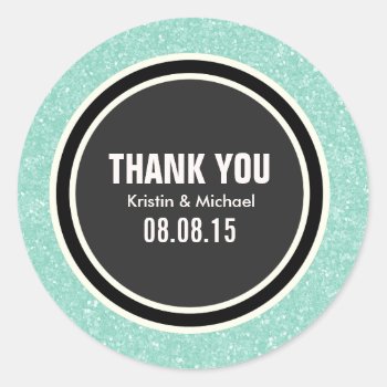 Mint Glitter & Black Thank You Round Stickers by Mintleafstudio at Zazzle