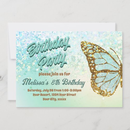 Mint glitter butterfly Birthday Invitation