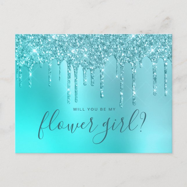 Mint glitter drips will you be my flower girl invitation postcard (Front)