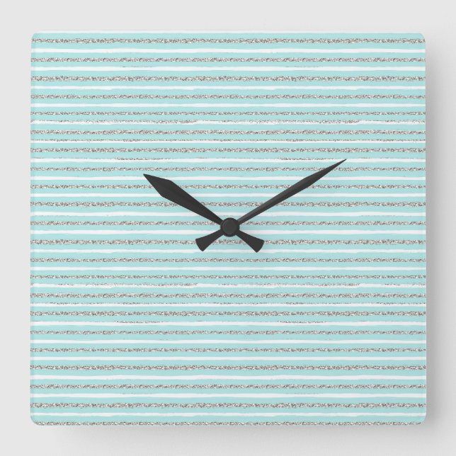 Mint Glitter Effect Stripe Pattern  Square Wall Clock (Front)