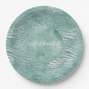 Mint Glitter Glitzy Sparkle Zebra Print Paper Plates