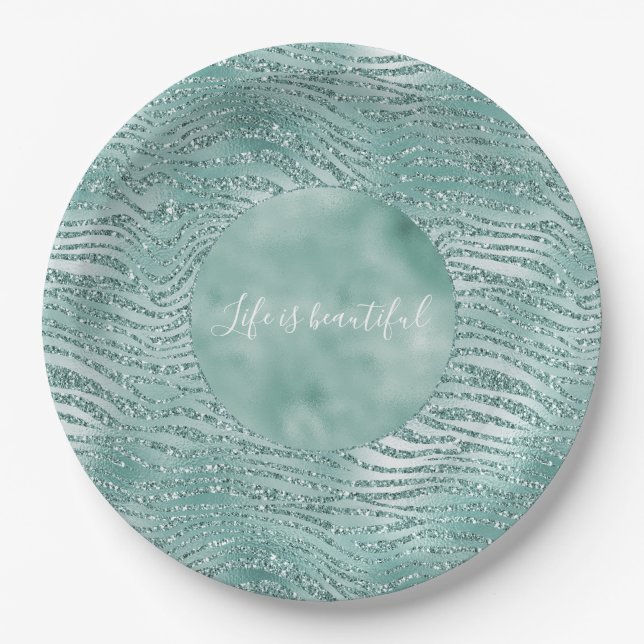 Mint Glitter Glitzy Sparkle Zebra Print Paper Plates (Front)