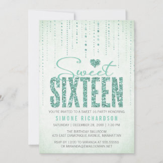 Mint Glitter Look Sweet 16 (Sixteen) Party Invitation