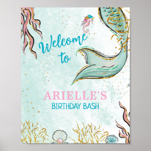 Mint Glitter Mermaid tail under the sea Welcome Poster