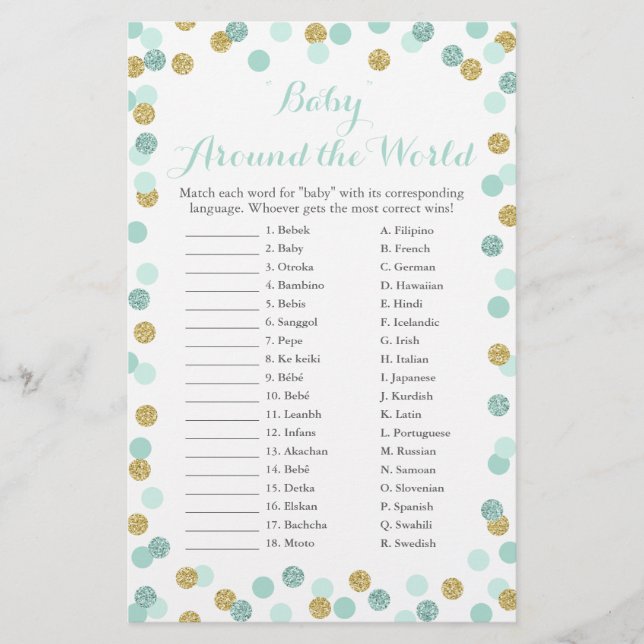 Mint & Gold Baby Around the World Translation Game (Front)