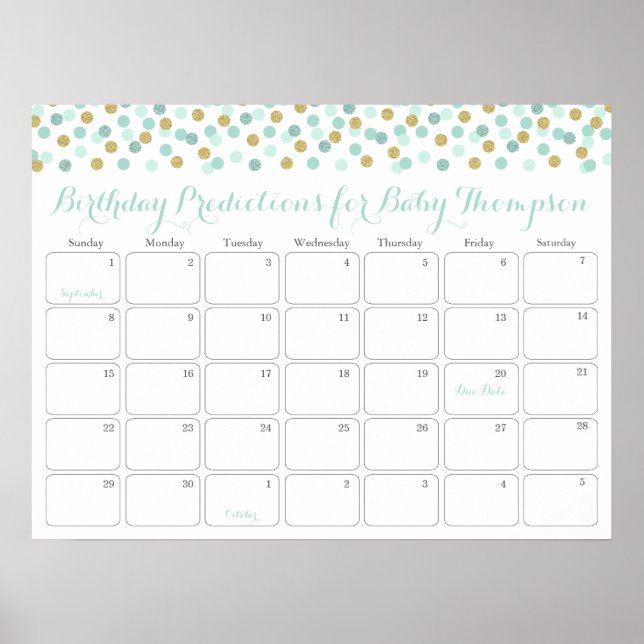 Mint Gold Baby Birthday Prediction Calendar Poster (Front)