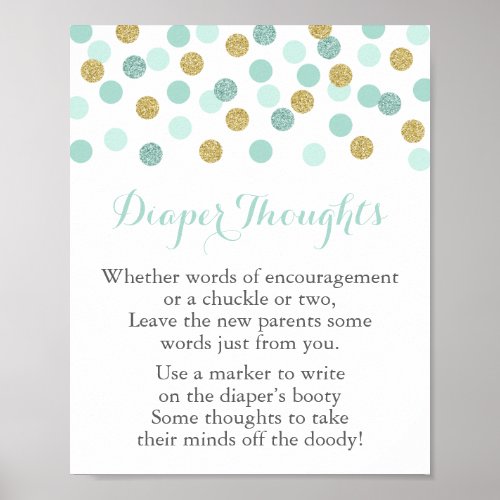 Mint  Gold Baby Shower Diaper Thoughts Game Sign