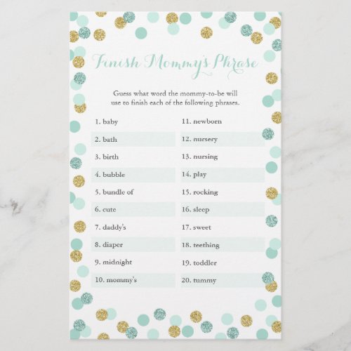 Mint  Gold Baby Shower Finish Mommys Phrase Game