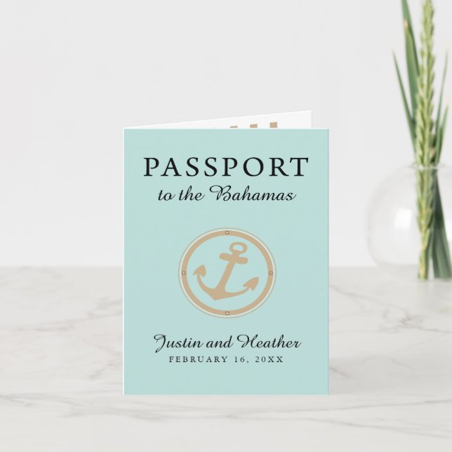 Mint Gold Bahamas Wedding Passport Invitation (Front)