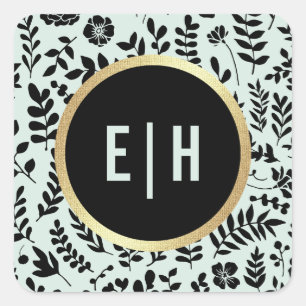 Mint   Gold   Black Floral Monogram Wedding Square Sticker