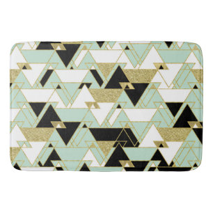 Mint Gold Black White Boho Glam Triangles Pattern Bath Mat