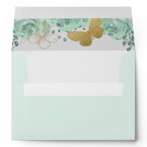 Mint Gold Butterflies Floral Elegant  Envelope