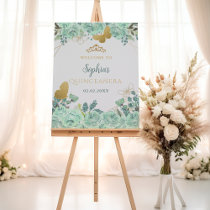 Mint Gold Butterfly Quinceañera Welcome Sign