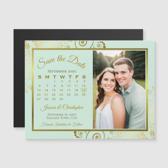 Mint & Gold Calendar & Photo Save the Date Magnet (Front/Back)