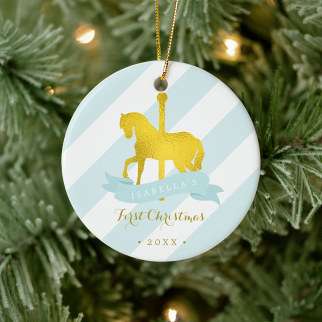 Mint & Gold Carousel Horse Baby's First Christmas Ceramic Ornament (Tree)