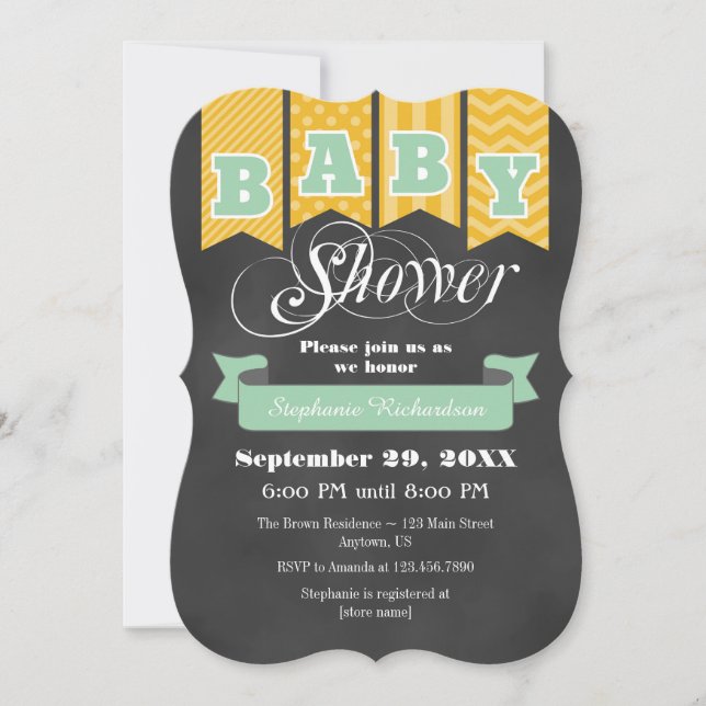 Mint Gold Chalkboard Flag Baby Shower Invite (Front)