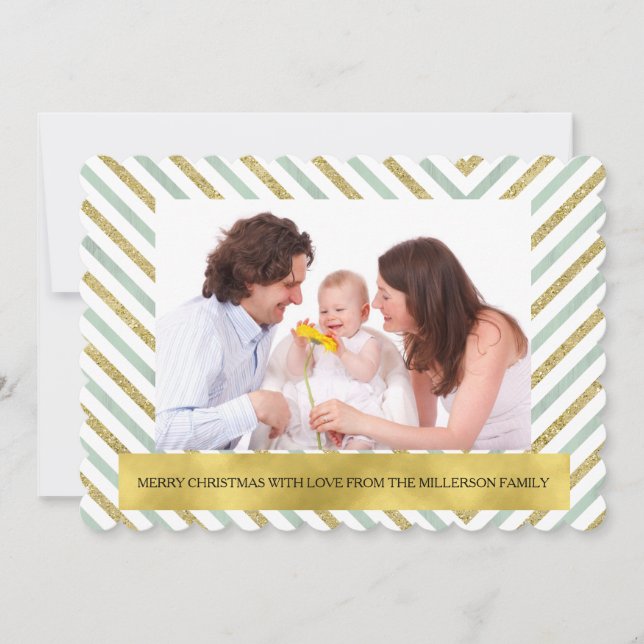Mint Gold Chic Chevron Personalized Photo Holiday Card (Front)