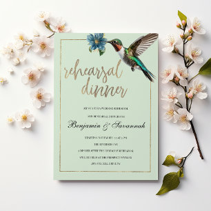 Mint gold colorful hummingbird Rehearsal Dinner Invitation