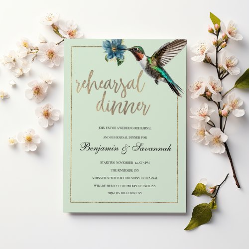 Mint gold colorful hummingbird Rehearsal Dinner  Invitation