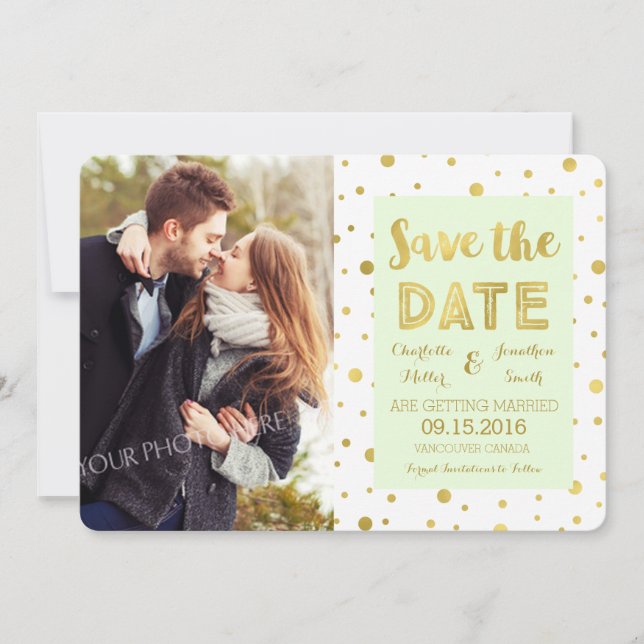 Mint Gold Confetti Wedding Photo Save the Date (Front)