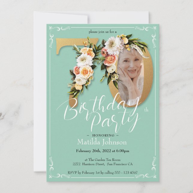 Mint Gold Custom Photo Floral Boho 70th Birthday  Invitation (Front)