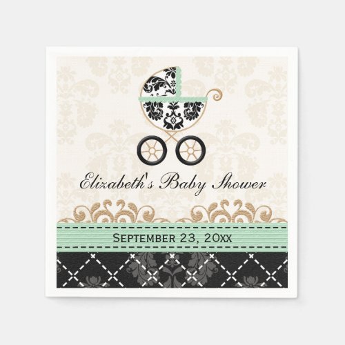 Mint Gold Damask Carriage Baby Shower Paper Napkins