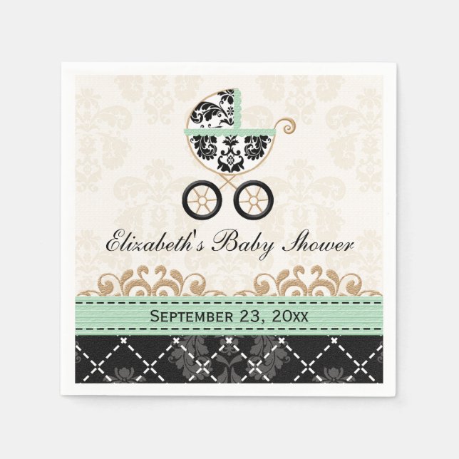Mint Gold Damask Carriage Baby Shower Paper Napkins (Front)