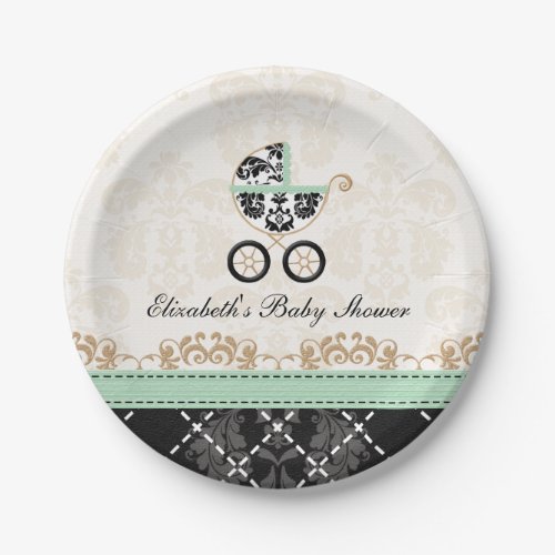 Mint Gold Damask Carriage Baby Shower Paper Plates