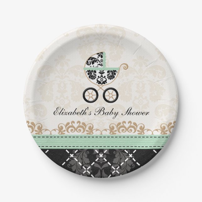 Mint Gold Damask Carriage Baby Shower Paper Plates (Front)