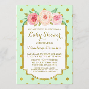 Mint Gold Dots Watercolor Floral Baby Shower Invitation
