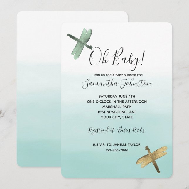 Mint Gold Dragonflies Ombre Watercolor Invitation (Front/Back)