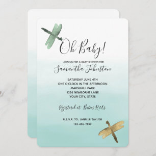 Mint Gold Dragonflies Ombre Watercolor Invitation